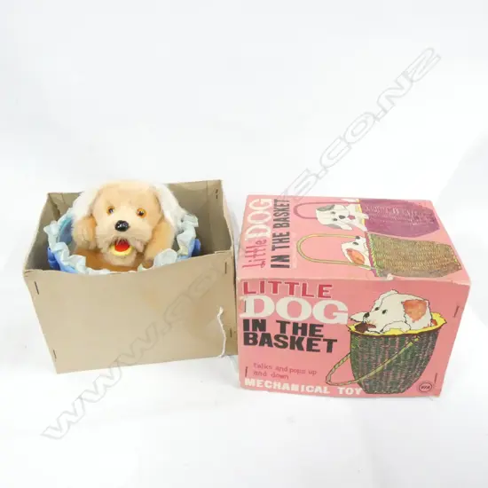 'LITTLE DOG IN THE BASKET' MECHANICAL WIND UP TOY - IN ORIGINAL BOX
